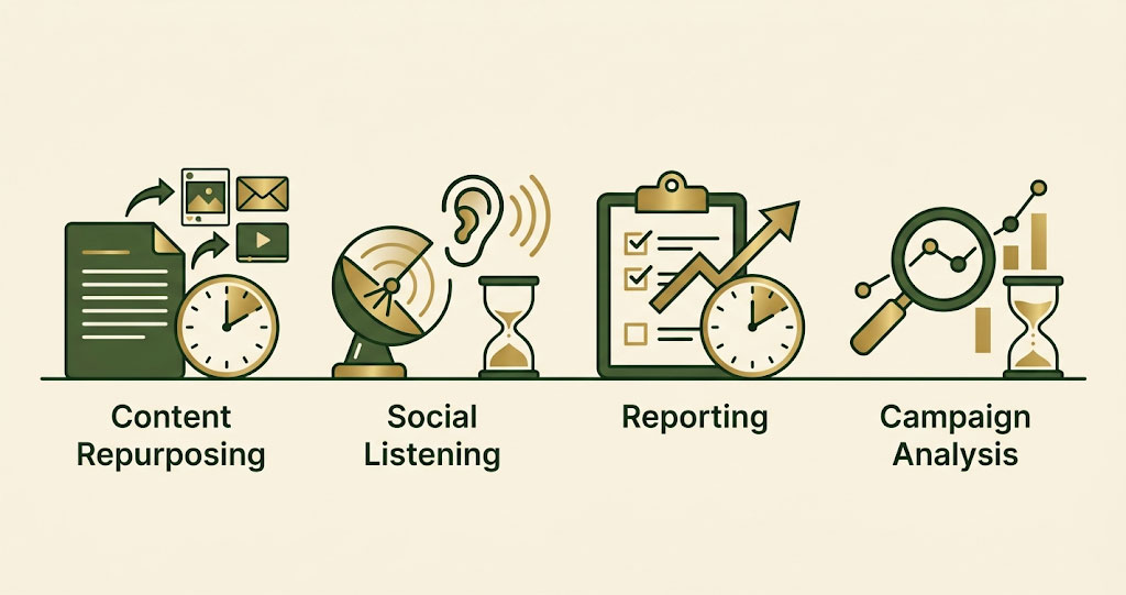 Comparison visual showing four marketing workflow types with time saved indicators — content repurposing, social listening, reporting, and campaign analysis