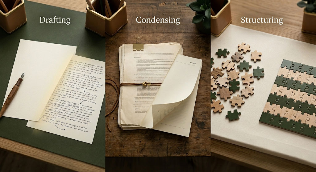 Three visual metaphors showing AI excelling at first drafts, summarising information, and organising routine rules