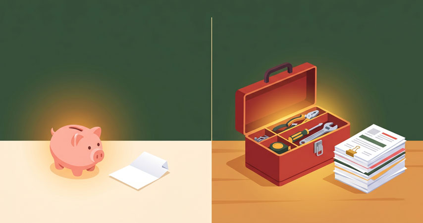 Two-panel illustration comparing free AI tools (piggy bank, simple) versus paid AI tools (toolbox with golden glow, organised)