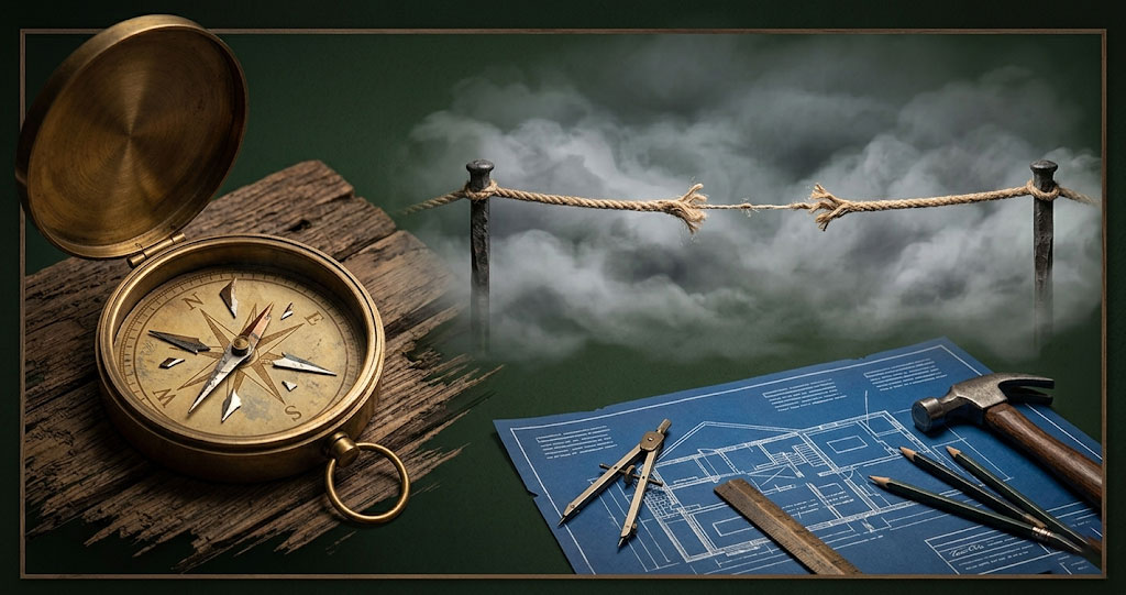 Three visual metaphors showing where AI cannot replace human judgement — broken compass for strategy, fog ahead for judgement, unused tools for implementation