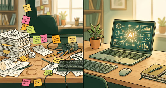 Split comparison of a cluttered overwhelmed desk versus a clean organised desk with an AI workflow setup