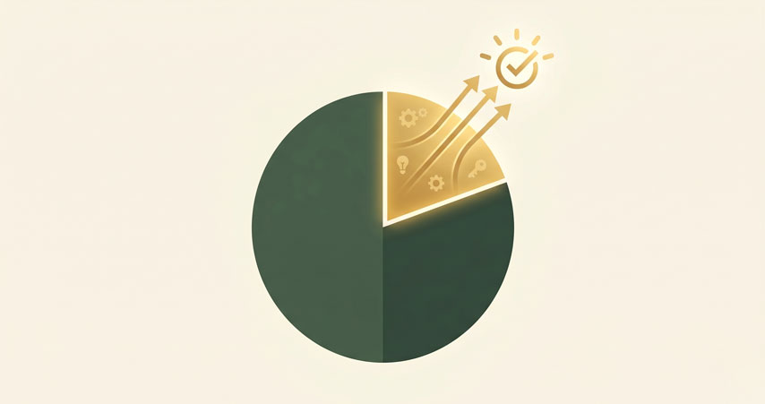 Visual metaphor for the Pareto principle applied to AI workflows — 20% of effort highlighted in gold producing the majority of results